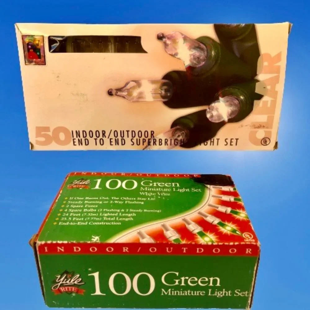 2 Sets of Christmas Lights 100 Green Miniature + 50 Clear New with Boxes